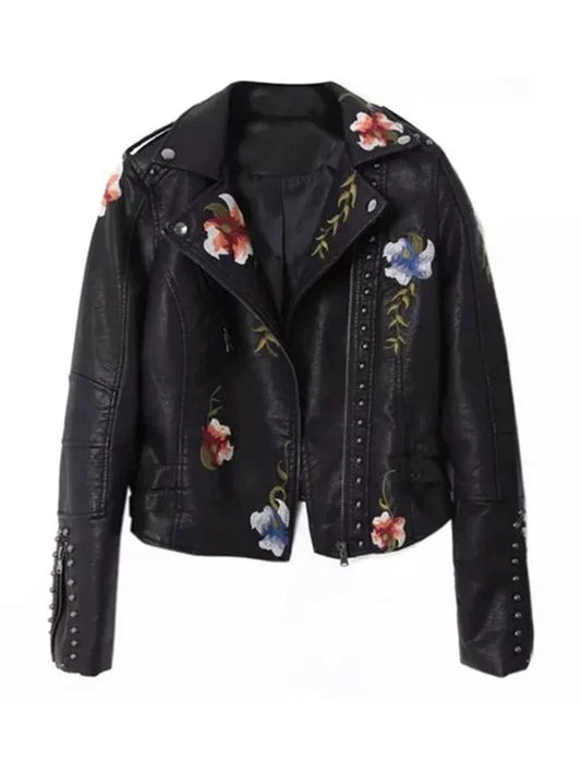 Black Soft Leather Embroidery Jacket
