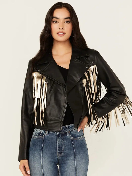 Women’s Sparks Studded Thunderbird Fringe Leather Jacket