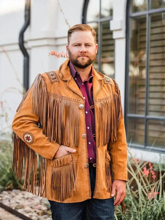 Mens Traditional Cowboy Western Leather Jacket Coat with Fringe