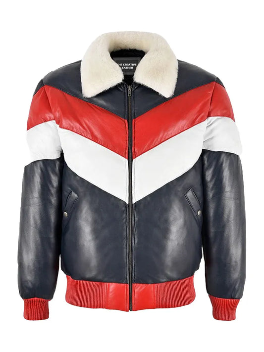Three-Tone Real Leather Mens V-Bomber Jacket with Fur Collar for Ultimate Warmth