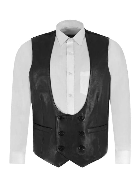 Waistcoat Fabric Back Black Classic Edwardian Leather Vest 3272