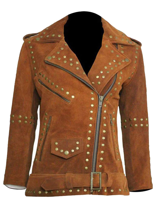 Women Brown Studded Suede Leather Jacket