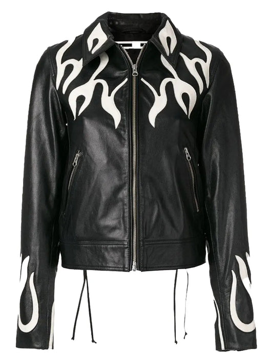Women Fashion Printed Flame Leather Jacket