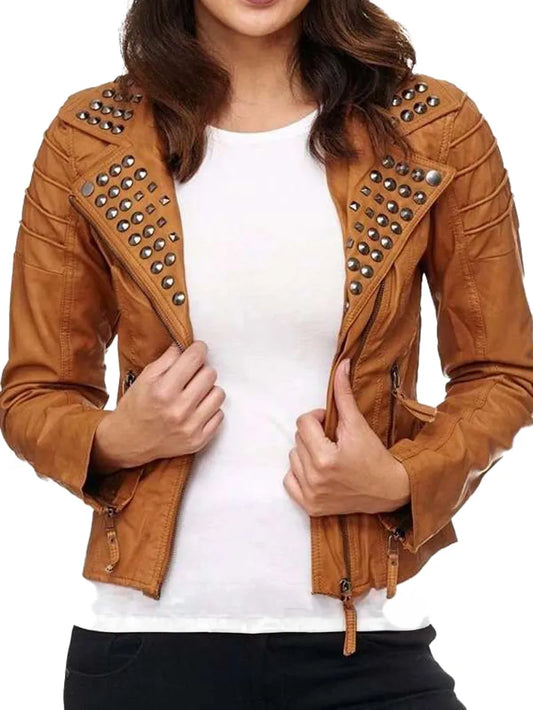 Womens Stylish Brown Studded Biker Leather Jacket