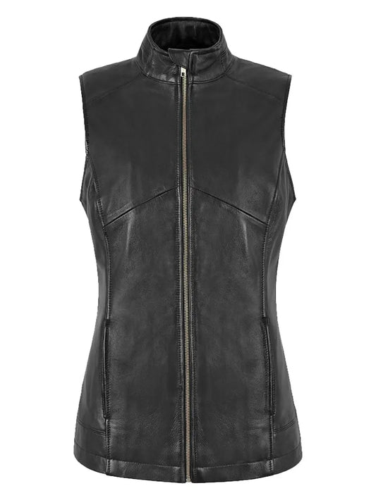 Black Longline Zip-Up Waistcoat in Genuine Leather for Women