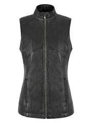 Black Longline Zip-Up Waistcoat in Genuine Leather for Women