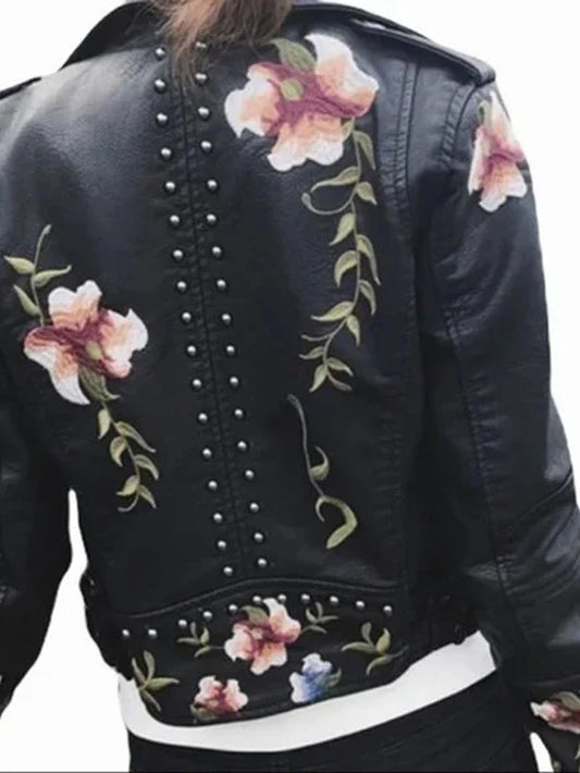 Black Soft Leather Embroidery Jacket