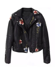 Black Soft Leather Embroidery Jacket