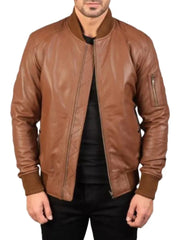 Brown Leather Bomber Jacket by Bomia