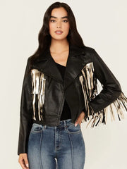 Women’s Sparks Studded Thunderbird Fringe Leather Jacket