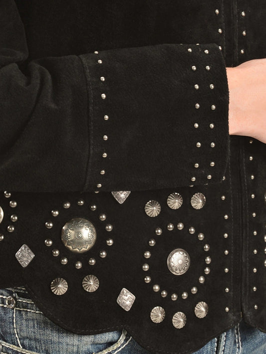 Jet Black Studded Suede Jacket For Women
