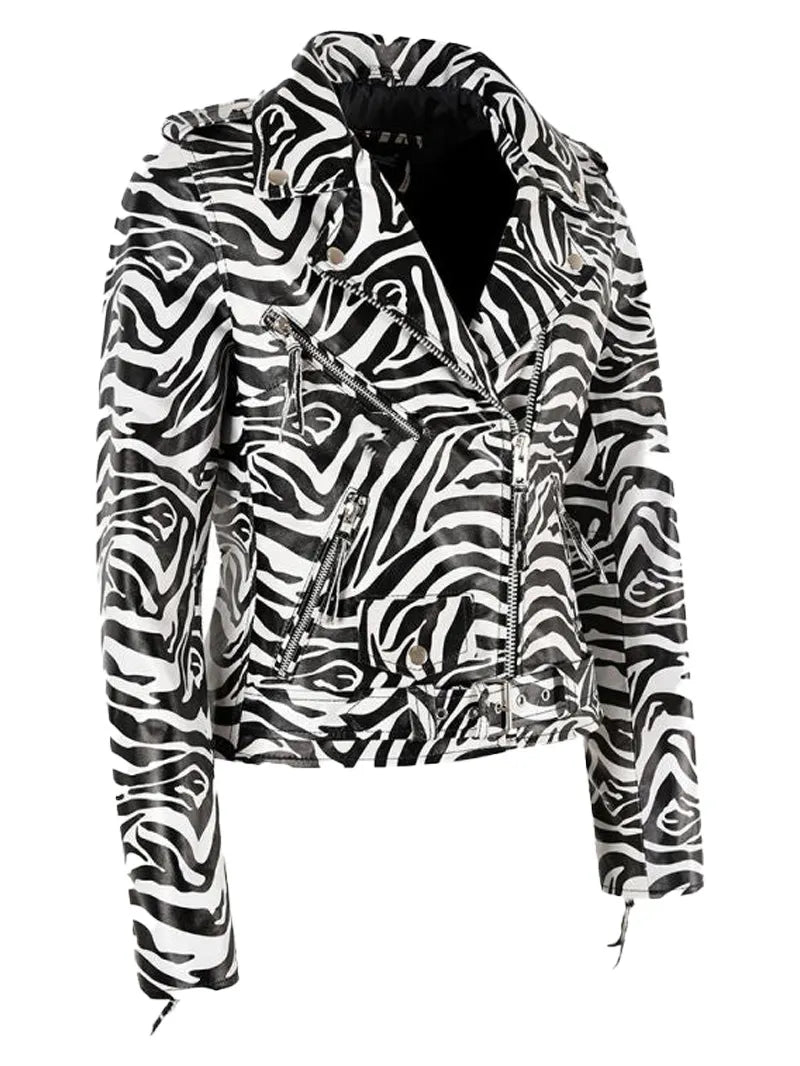 Ladies Zebra Print Biker Leather Jacket