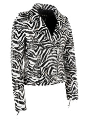 Ladies Zebra Print Biker Leather Jacket