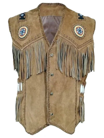 Men Native American Style Western Suede Leather Vest With Fringes