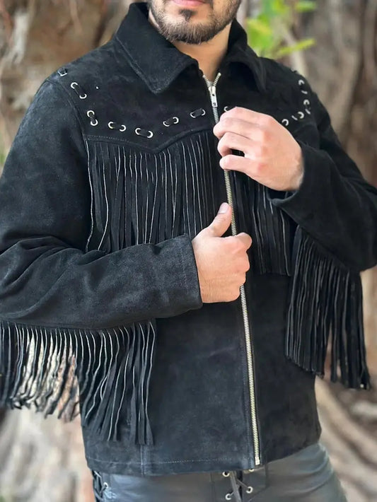 Men’s Western Style Suede Leather Fringe Jacket
