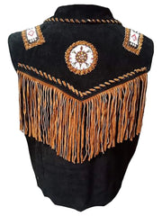 Mens Cowboy Fringe Bones And Beads Suede Leather Stylish Vest