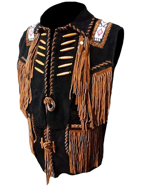 Mens Cowboy Fringe Bones And Beads Suede Leather Stylish Vest