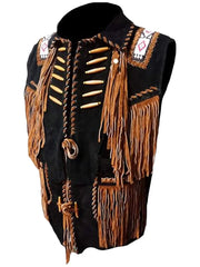 Mens Cowboy Fringe Bones And Beads Suede Leather Stylish Vest