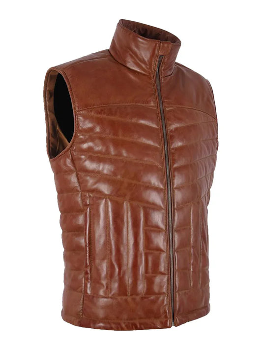 Men’s Leather Chestnut Quilted Puffer Vest