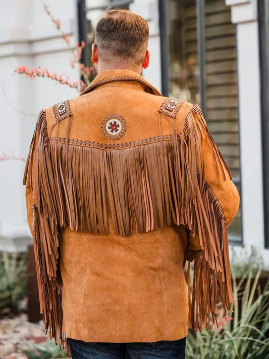 Mens Traditional Cowboy Western Leather Jacket Coat with Fringe
