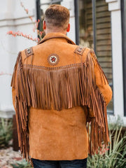 Mens Traditional Cowboy Western Leather Jacket Coat with Fringe