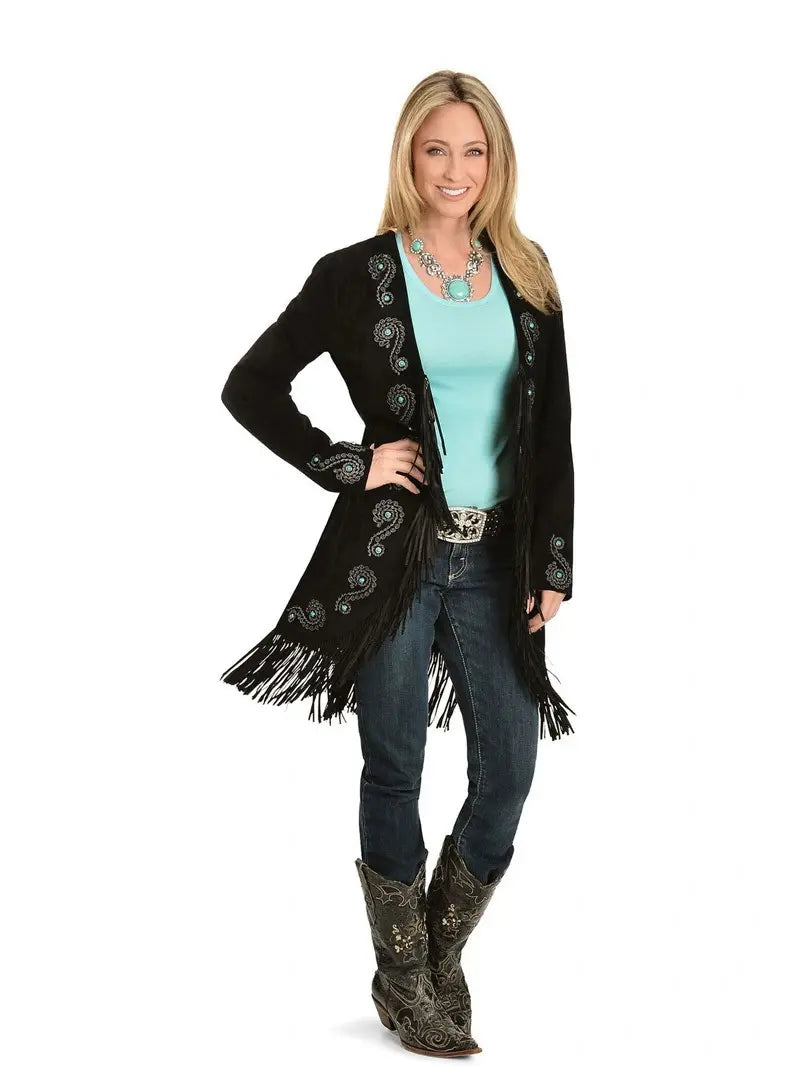 Scully Women’s Embroidered Fringe Long Suede Leather Jacket