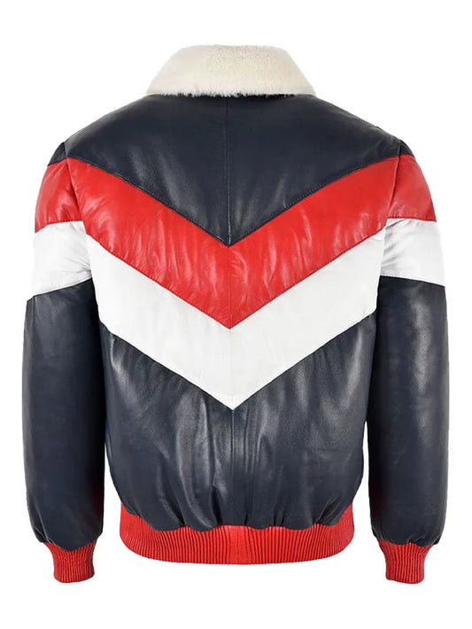 Three-Tone Real Leather Mens V-Bomber Jacket with Fur Collar for Ultimate Warmth
