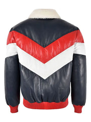 Three-Tone Real Leather Mens V-Bomber Jacket with Fur Collar for Ultimate Warmth