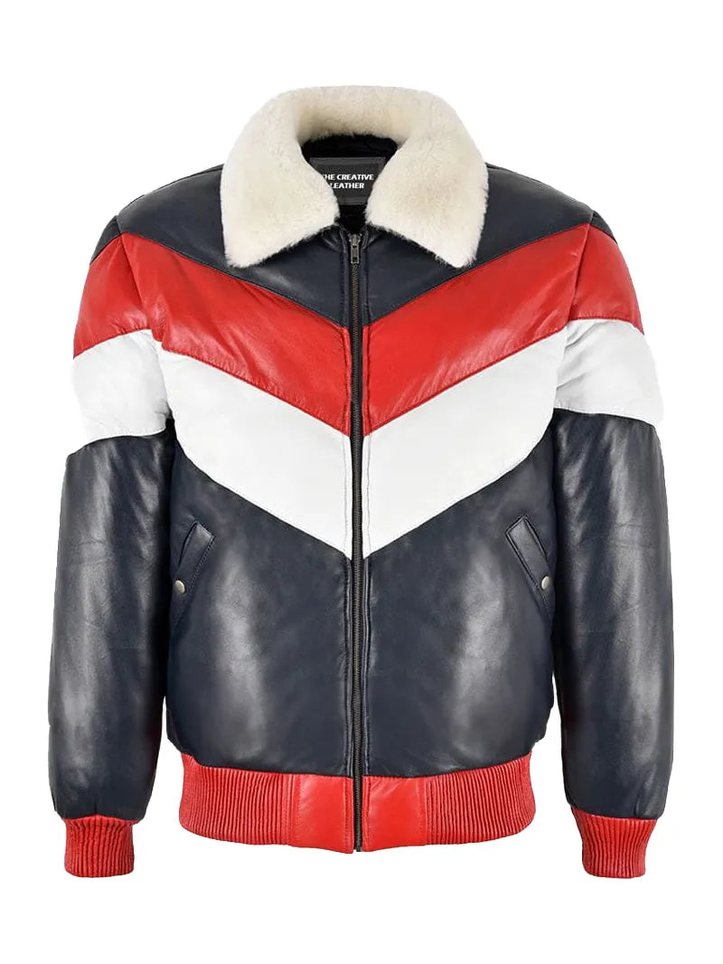 Three-Tone Real Leather Mens V-Bomber Jacket with Fur Collar for Ultimate Warmth