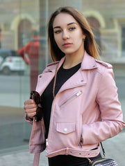 Women Biker Light Pink Leather Jacket