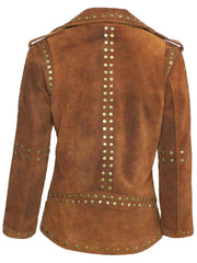 Women Brown Studded Suede Leather Jacket