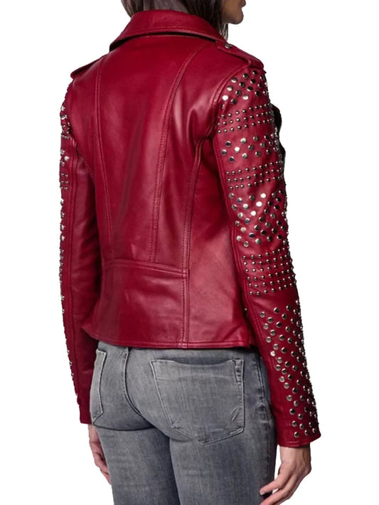 Women Burgundy Studded Leather Jacket