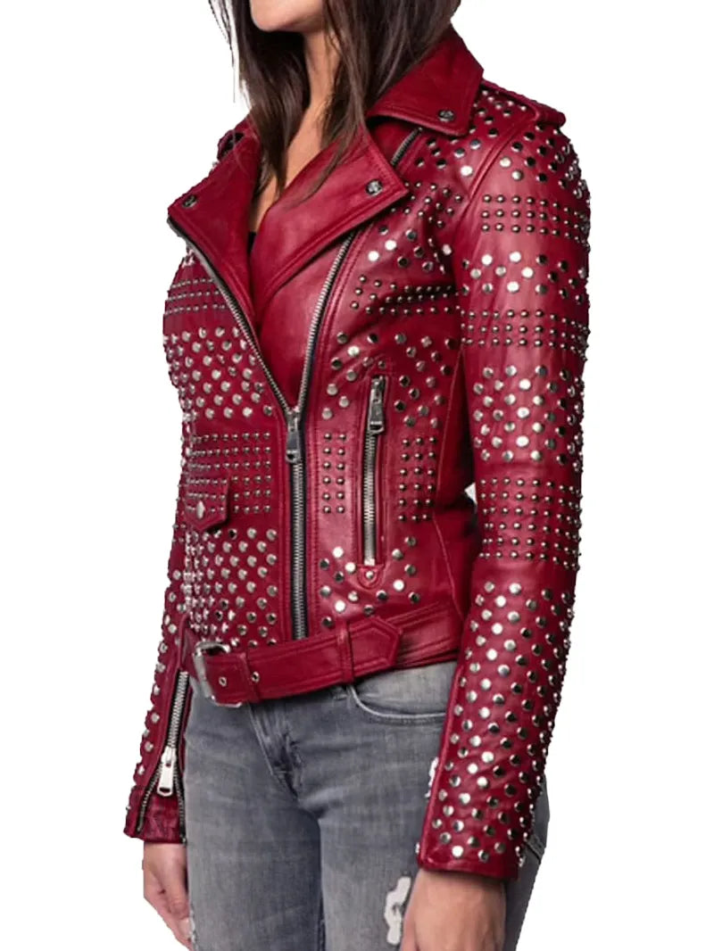 Women Burgundy Studded Leather Jacket