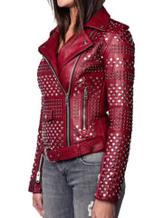 Women Burgundy Studded Leather Jacket