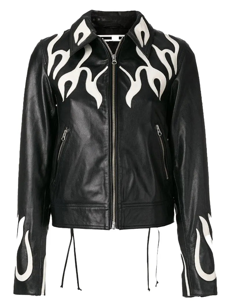 Women Fashion Printed Flame Leather Jacket