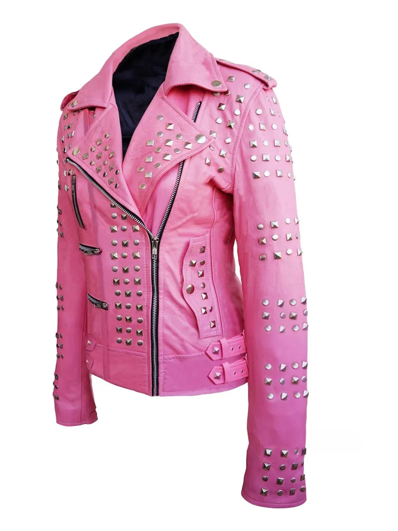 Women Pink Studded Genuine Leather Jacket