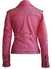 Women Pink Studded Genuine Leather Jacket