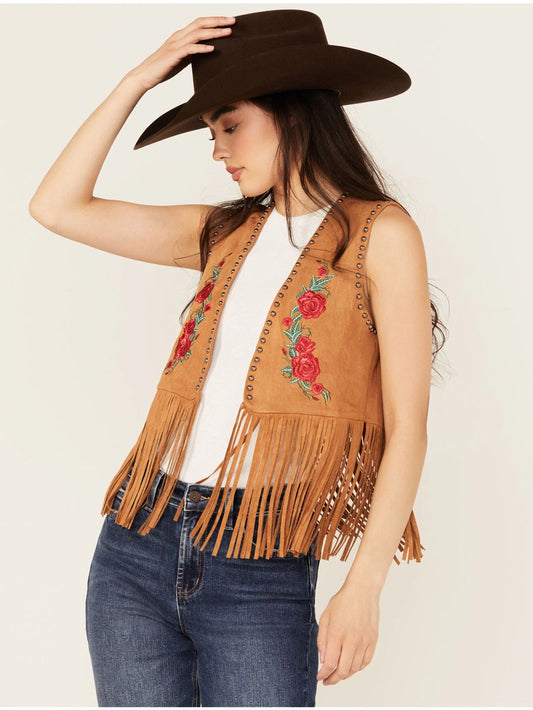Women’s Embroidered Rose Suede Fringe Vest