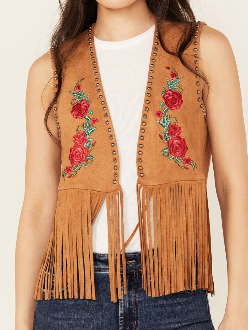 Women’s Embroidered Rose Suede Fringe Vest