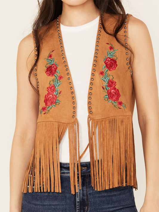 Women’s Embroidered Rose Suede Fringe Vest