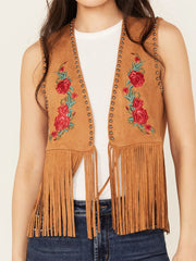 Women’s Embroidered Rose Suede Fringe Vest