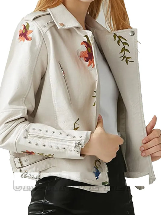 Women’s Embroidered Studded Leather Moto Jacket