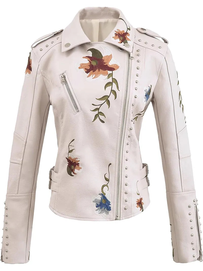 Women’s Embroidered Studded Leather Moto Jacket