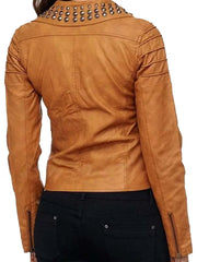 Womens Stylish Brown Studded Biker Leather Jacket