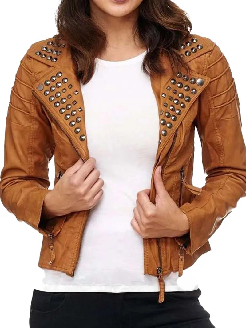 Womens Stylish Brown Studded Biker Leather Jacket