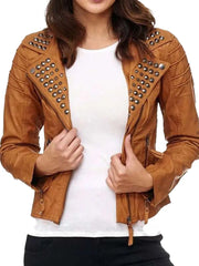 Womens Stylish Brown Studded Biker Leather Jacket