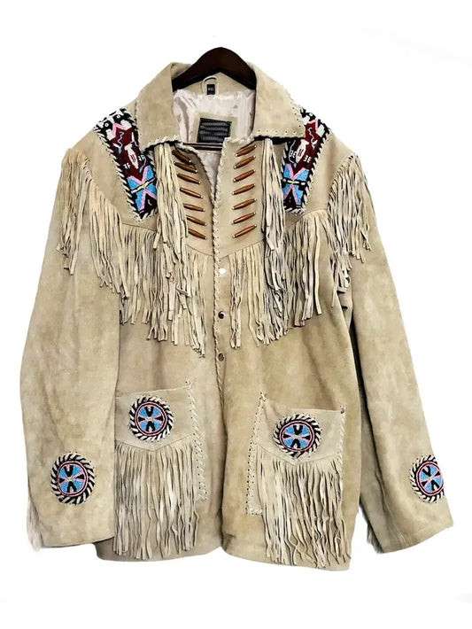 Western Beaded Suede Fringe Leather jacket – Cream