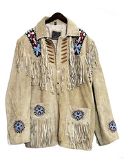 Western Beaded Suede Fringe Leather jacket – Cream