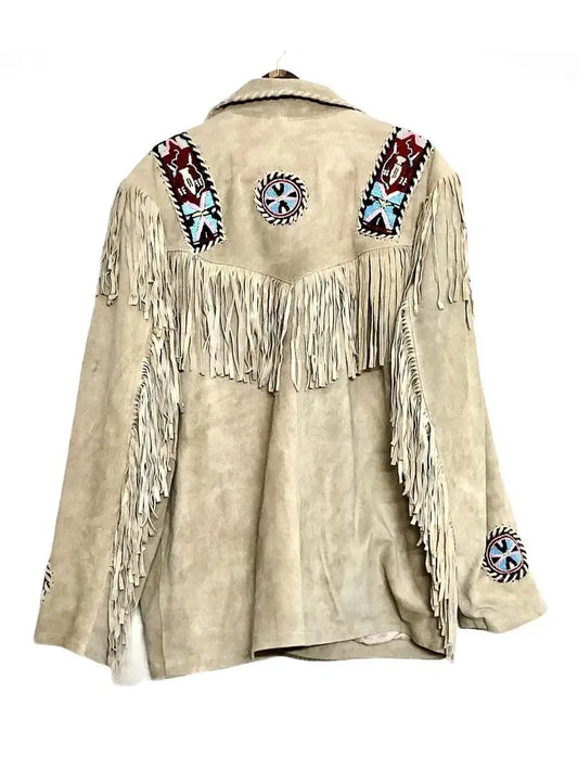 Western Beaded Suede Fringe Leather jacket – Cream