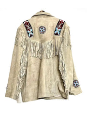 Western Beaded Suede Fringe Leather jacket – Cream